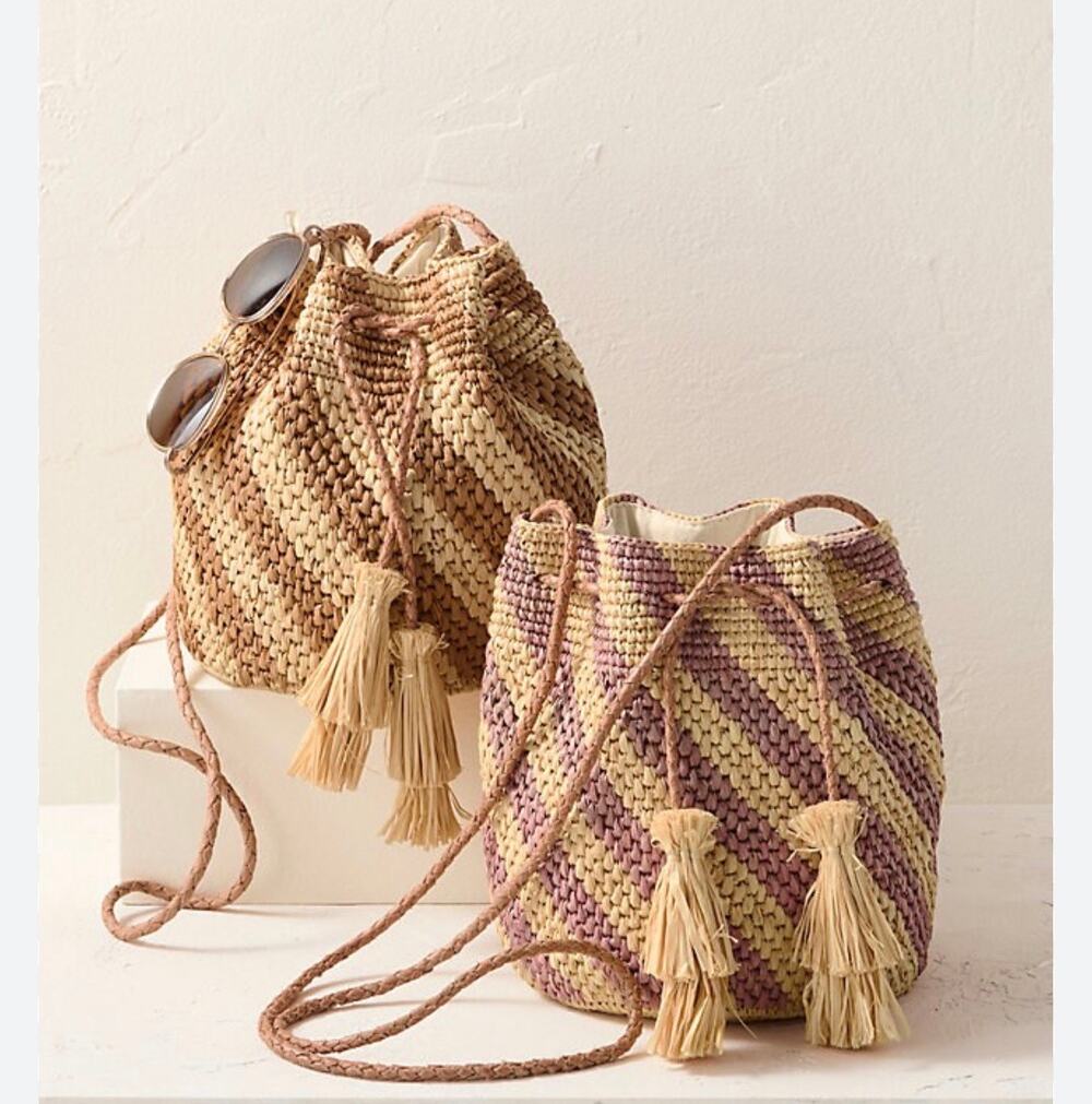 Mar Y Sol Handmade Raffia Straw Bucket Bag Natural Mauve